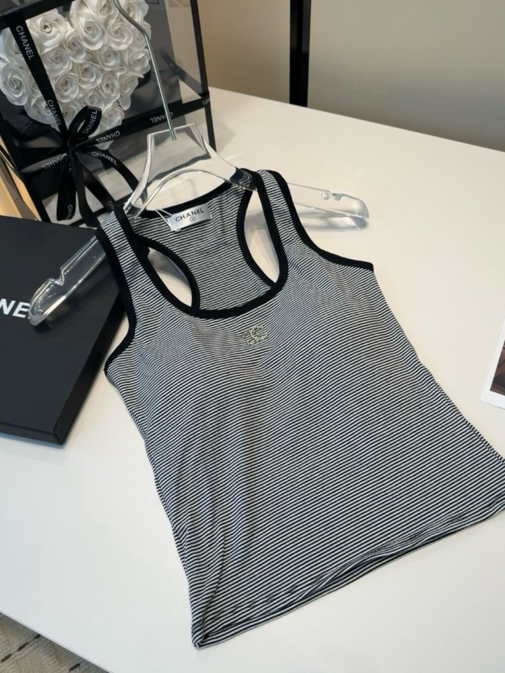 Chanel Striped Racerback Tank Top with CC Logo